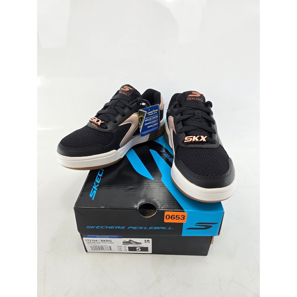 Skechers Viper Court Classic Women Size 5 Black Rose Gold Pickleball Shoes - New
